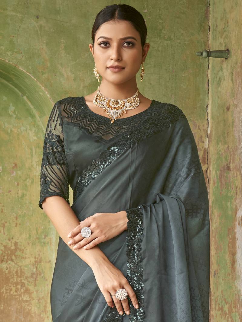 Stupendous Grey Sequined Satin Cocktail Party Wear Saree With Blouse