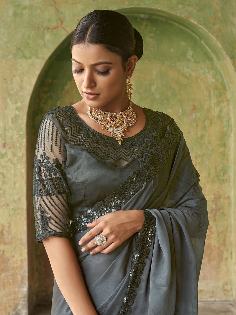 Stupendous Grey Sequined Satin Cocktail Party Wear Saree With Blouse