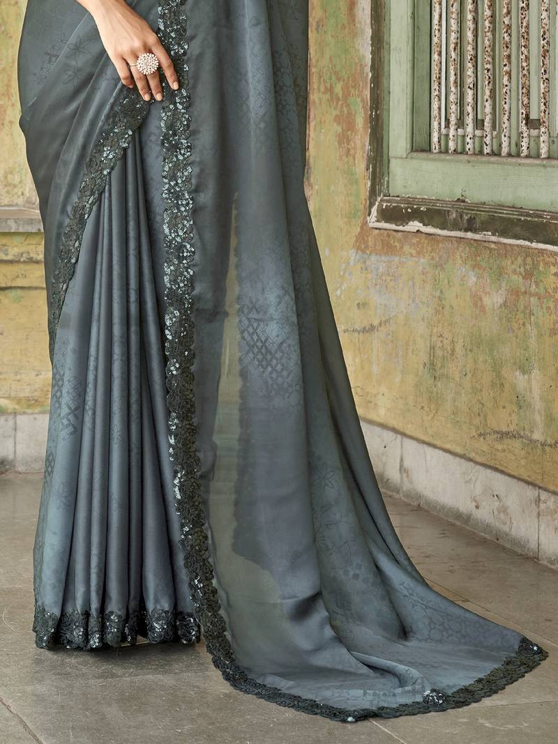 Stupendous Grey Sequined Satin Cocktail Party Wear Saree With Blouse