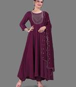 PARI The Fashion Studio Women's Khadi Rayon Mulberry Wine Embroidered Anarkali Kurta Set With Dupatta