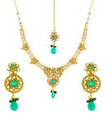 Traditional Ethnic Gold Plated Green Envy Necklace Set & Maang Tikka with Crystal for Women