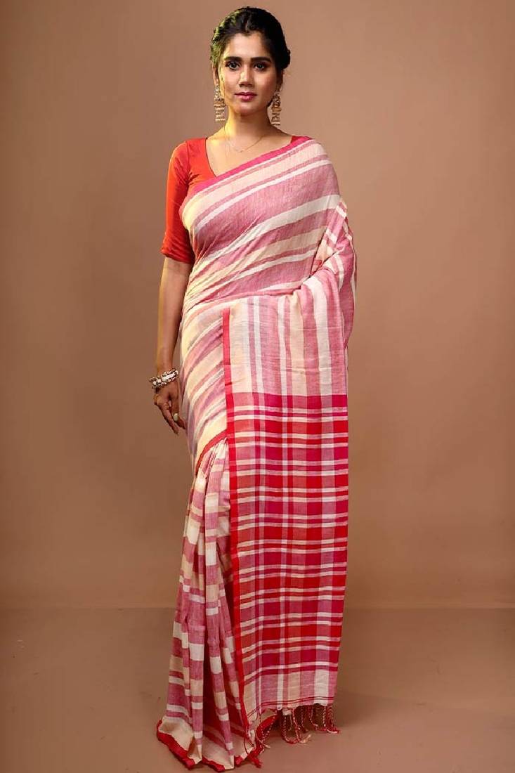 Pink Shantipuri Cotton Saree Without Blouse Piece