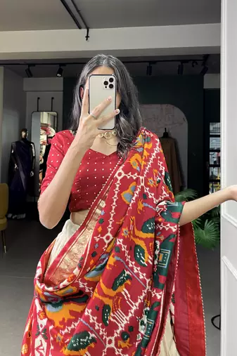 Women's Tussar Silk With Patola Print And Foil Work Lehenga Choli