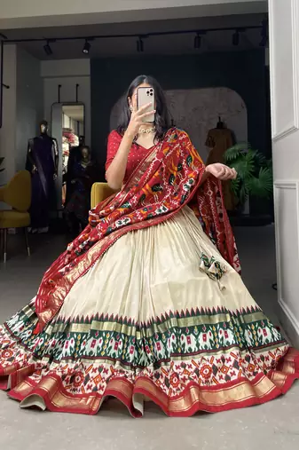Women's Tussar Silk With Patola Print And Foil Work Lehenga Choli