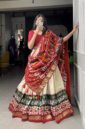 Women's Tussar Silk With Patola Print And Foil Work Lehenga Choli