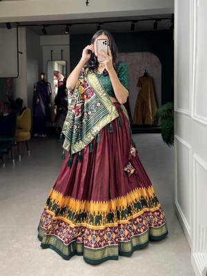 Women's Tussar Silk With Patola Print And Foil Work Lehenga Choli 1