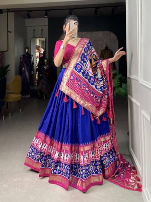 Ink Blue Tussar Silk Lehenga Choli With Patola Printed 1
