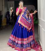 Ink Blue Tussar Silk Lehenga Choli With Patola Printed