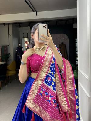 Ink Blue Tussar Silk Lehenga Choli With Patola Printed 3