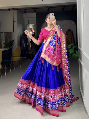 Ink Blue Tussar Silk Lehenga Choli With Patola Printed 4