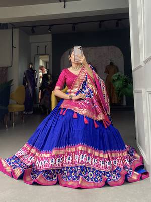 Ink Blue Tussar Silk Lehenga Choli With Patola Printed 5