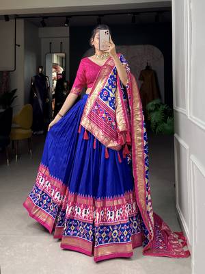 Ink Blue Tussar Silk Lehenga Choli With Patola Printed 6