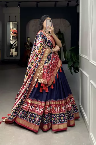 Women's Tussar Silk With Patola Print And Foil Work Lehenga Choli