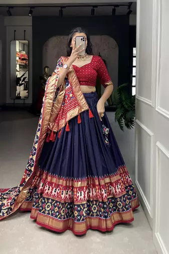 Women's Tussar Silk With Patola Print And Foil Work Lehenga Choli