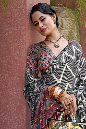 Captivating Black Digital Printed Crepe Event Wear Saree With Blouse