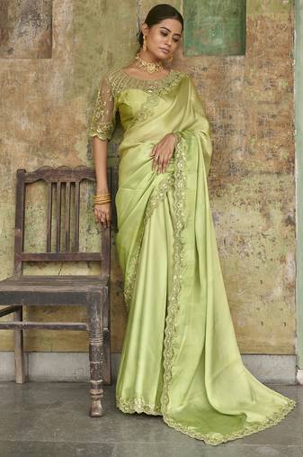 Engaging Limegreen Sequined Satin Party Wear Saree With Blouse
