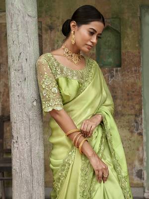 Engaging Limegreen Sequined Satin Party Wear Saree With Blouse 2