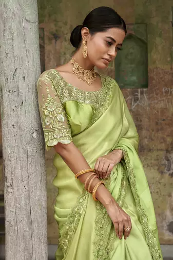 Engaging Limegreen Sequined Satin Party Wear Saree With Blouse
