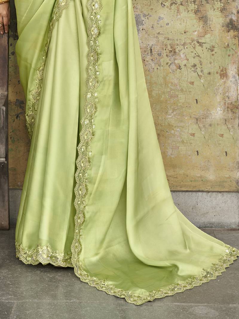 Engaging Limegreen Sequined Satin Party Wear Saree With Blouse
