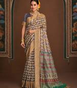 Beige Kashmiri Print Bhagalpuri Silk Saree With Woven Border Tassal Pallu And Fancy Woven Blouse Piece
