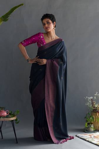 Suta Navy Blue Woven Design Pure Cotton Saree Without Blouse