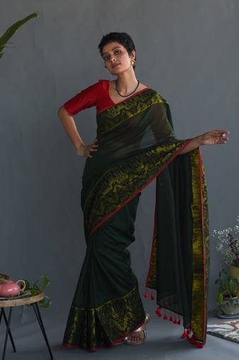 Suta Green Woven Design Pure Cotton Saree Without Blouse