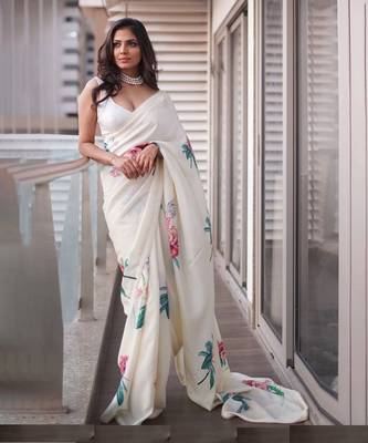 Cream Satin Multicolor Floral Printed Saree with Unstitched Blouse Piece 1