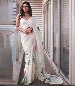 Cream Satin Multicolor Floral Printed Saree with Unstitched Blouse Piece