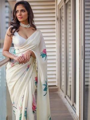 Cream Satin Multicolor Floral Printed Saree with Unstitched Blouse Piece 3