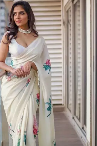 Cream Satin Multicolor Floral Printed Saree with Unstitched Blouse Piece