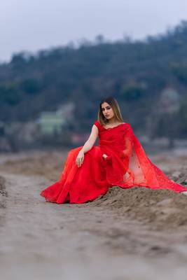 red organza embroidered saree with unstitched blouse piece 1