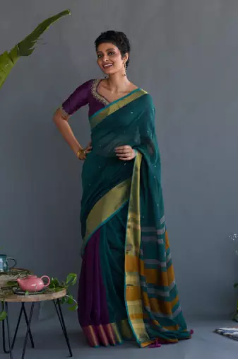 Suta Multicolor Striped Pure Cotton Saree Without Blouse