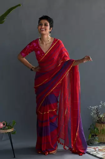 Suta Multicolor Striped Pure Cotton Saree Without Blouse