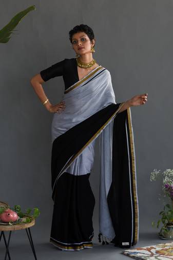 Suta Black Cotton Acrylic Solid Saree Without Blouse