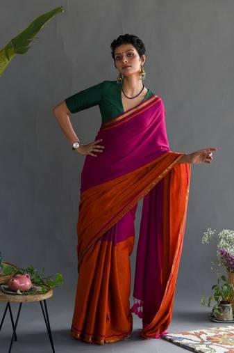 Suta Orange Cotton Acrylic Solid Saree