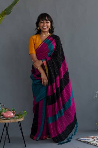 Suta Multi-Coloured Cotton Acrylic Geometric Print Saree Without Blouse