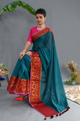 Suta Teal Pure Cotton Woven Design Saree Without Blouse