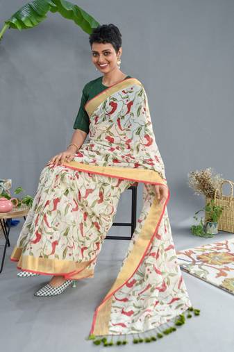 Suta White Pure Cotton Printed Saree Without Blouse