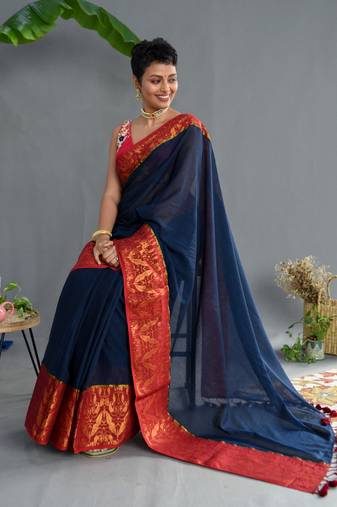 Suta Navy Blue Pure Cotton Woven Design Saree Without Blouse