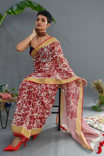 Suta Red And White Pure Cotton Floral Printed Saree Without Blouse