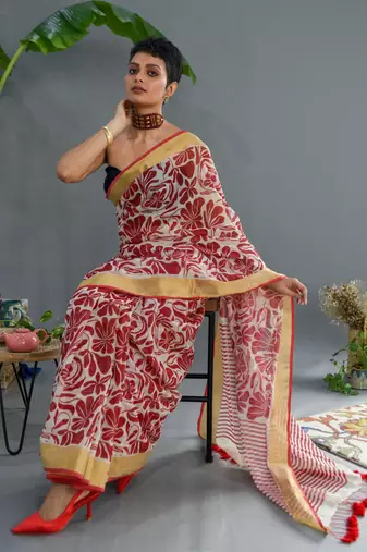 Suta Red And White Pure Cotton Floral Printed Saree Without Blouse