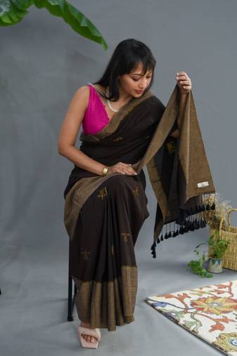 Suta Brown Pure Cotton Woven Design Saree Without Blouse