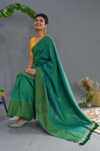 Suta Teal Pure Cotton Woven Design Saree Without Blouse