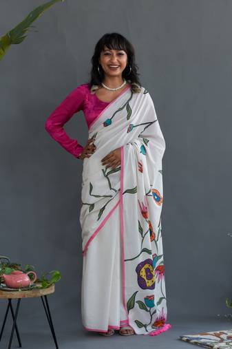 Suta White Floral Printed Pure Cotton Saree Without Blouse