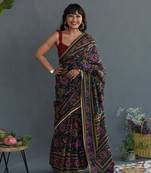 Suta Black Floral Printed Pure Cotton Saree Without Blouse