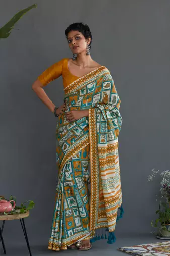 Suta Multicolour Floral Printed Pure Cotton Saree Without Blouse
