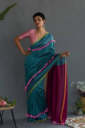 Suta Teal Colorblocked Cotton Acrylic Saree Without Blouse