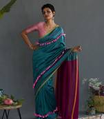 Suta Teal Colorblocked Cotton Acrylic Saree Without Blouse