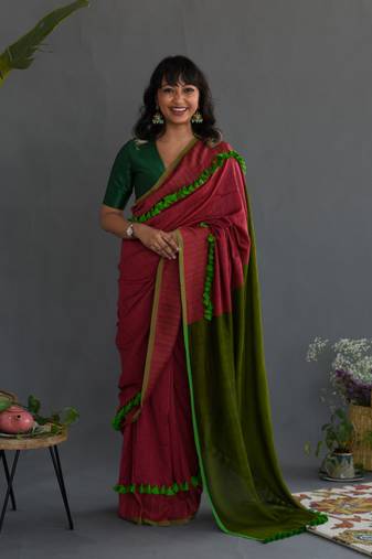 Suta Pink Colorblocked Cotton Acrylic Saree Without Blouse