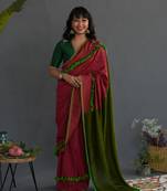 Suta Pink Colorblocked Cotton Acrylic Saree Without Blouse